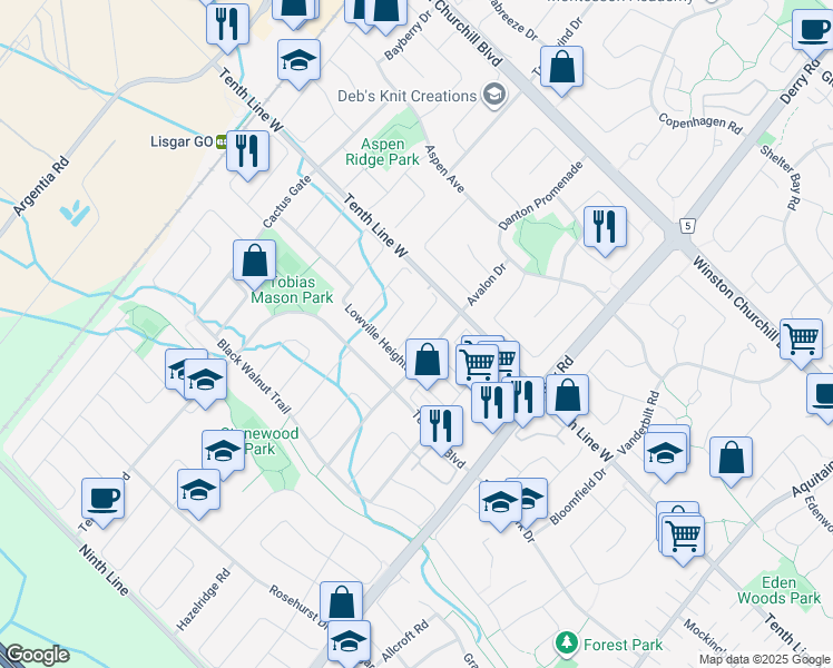 map of restaurants, bars, coffee shops, grocery stores, and more near 3240 Bruzan Crescent in Mississauga