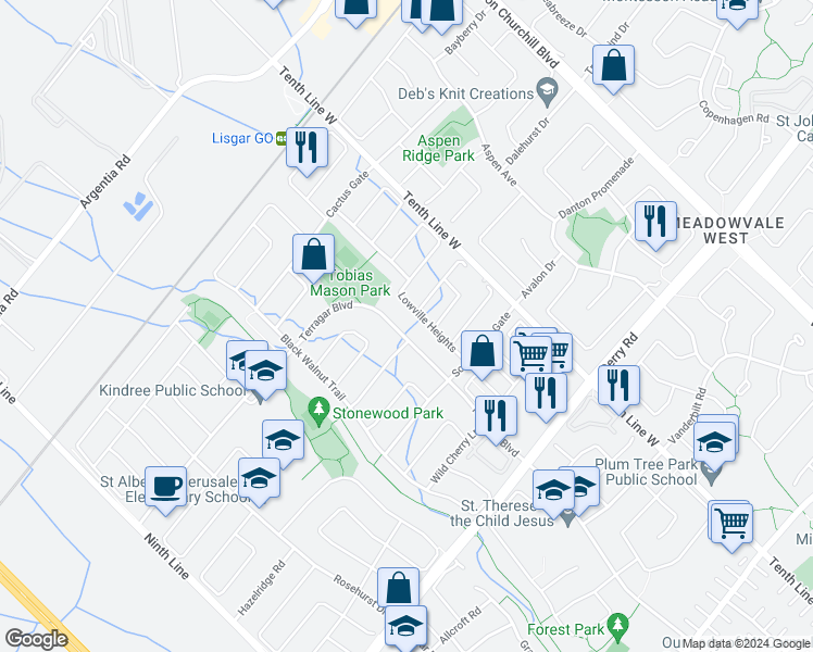 map of restaurants, bars, coffee shops, grocery stores, and more near 7197 Terragar Boulevard in Mississauga