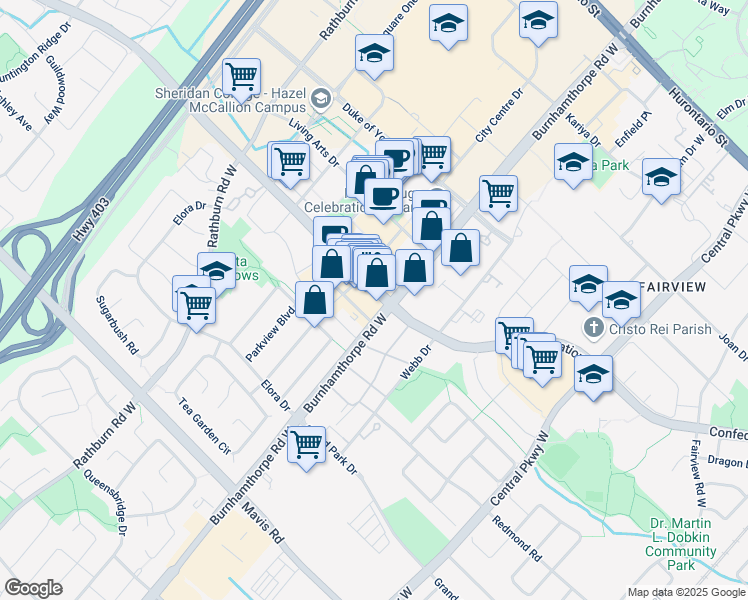 map of restaurants, bars, coffee shops, grocery stores, and more near 4026 Confederation Parkway in Mississauga