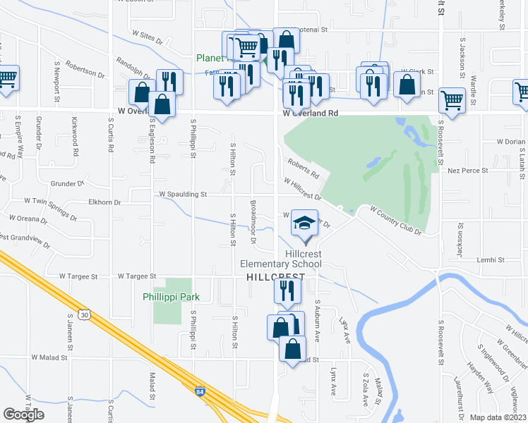 map of restaurants, bars, coffee shops, grocery stores, and more near 5004 West Greenbrier Drive in Boise