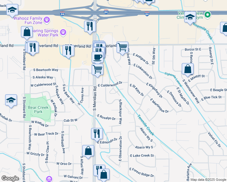 map of restaurants, bars, coffee shops, grocery stores, and more near 225 East Calderwood Drive in Meridian