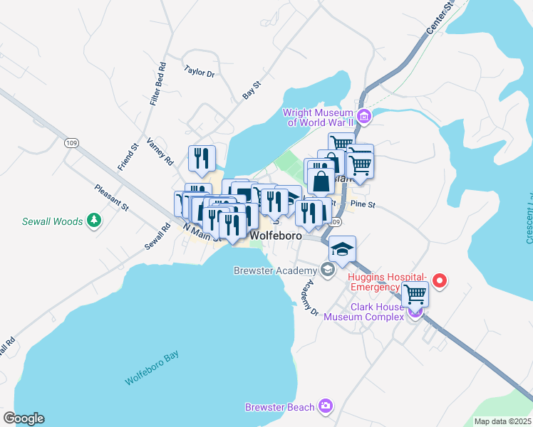map of restaurants, bars, coffee shops, grocery stores, and more near 19 School Street in Wolfeboro