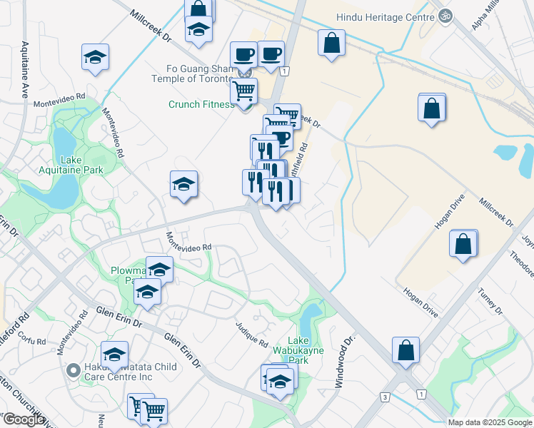 map of restaurants, bars, coffee shops, grocery stores, and more near 2330 Battleford Road in Mississauga