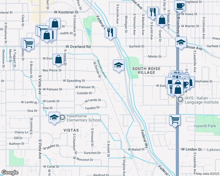 map of restaurants, bars, coffee shops, grocery stores, and more near 1728 Olympia Drive in Boise