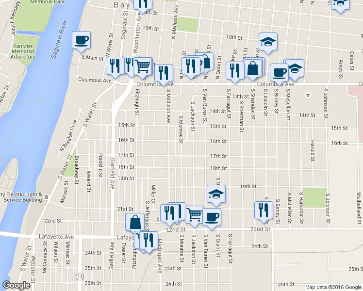 map of restaurants, bars, coffee shops, grocery stores, and more near 505 South Monroe Street in Bay City