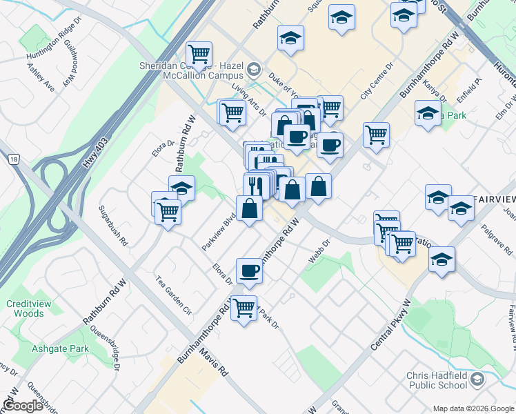 map of restaurants, bars, coffee shops, grocery stores, and more near 4055 Parkside Village Drive in Mississauga