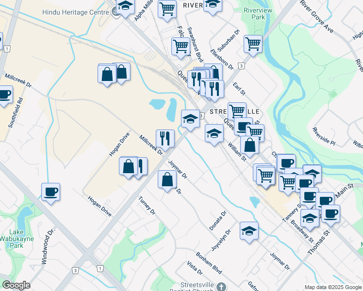 map of restaurants, bars, coffee shops, grocery stores, and more near 3 Pioneer Drive in Mississauga