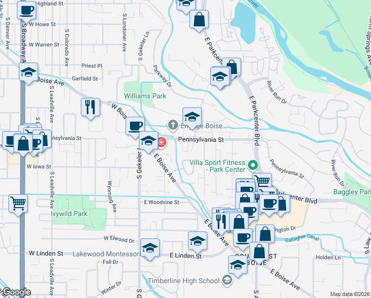 map of restaurants, bars, coffee shops, grocery stores, and more near 2159 South Myers Place in Boise