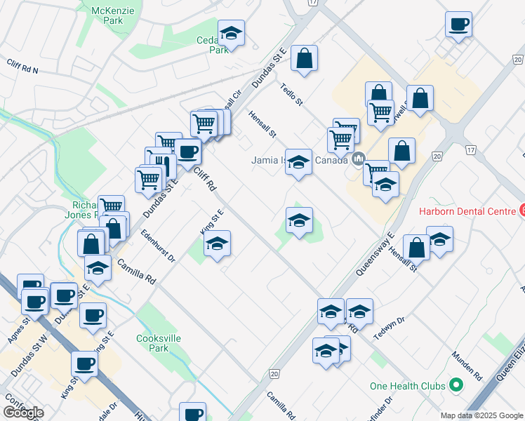 map of restaurants, bars, coffee shops, grocery stores, and more near 2472 Burslem Road in Mississauga