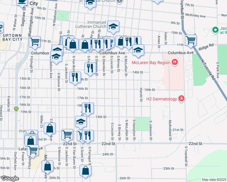 map of restaurants, bars, coffee shops, grocery stores, and more near 503 South Lincoln Street in Bay City