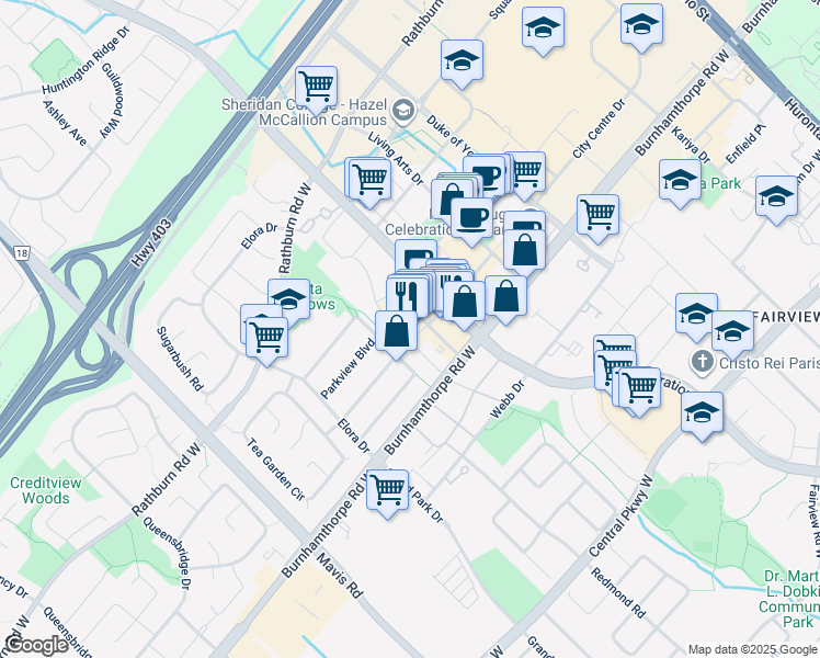 map of restaurants, bars, coffee shops, grocery stores, and more near 4055 Parkside Village Drive in Mississauga