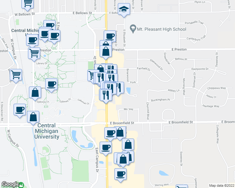 map of restaurants, bars, coffee shops, grocery stores, and more near 1707 South Mission Street in Mount Pleasant