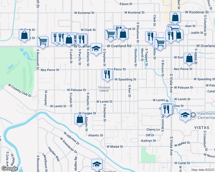 map of restaurants, bars, coffee shops, grocery stores, and more near 1912 South Owyhee Street in Boise
