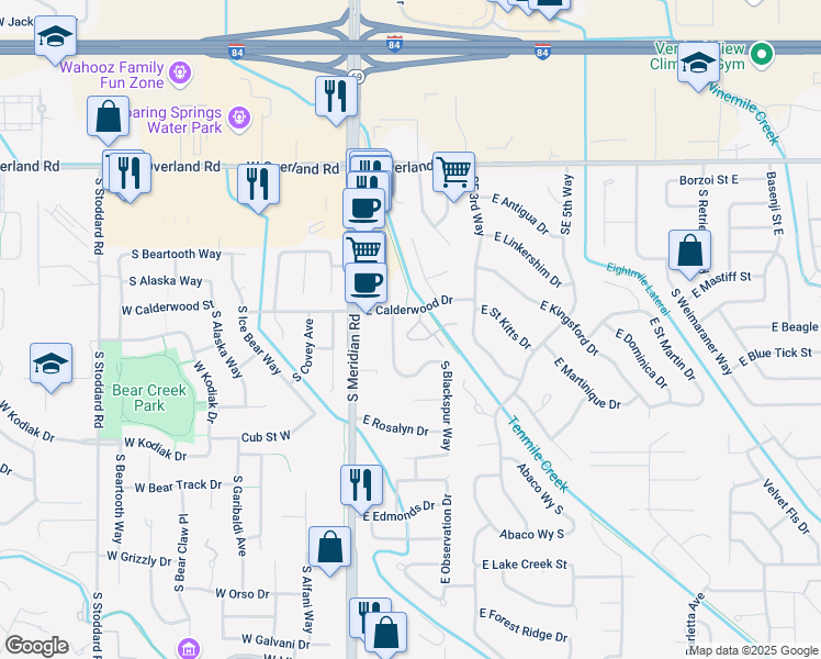 map of restaurants, bars, coffee shops, grocery stores, and more near 225 East Calderwood Drive in Meridian