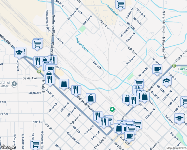 map of restaurants, bars, coffee shops, grocery stores, and more near 477 1st Street North in Nampa