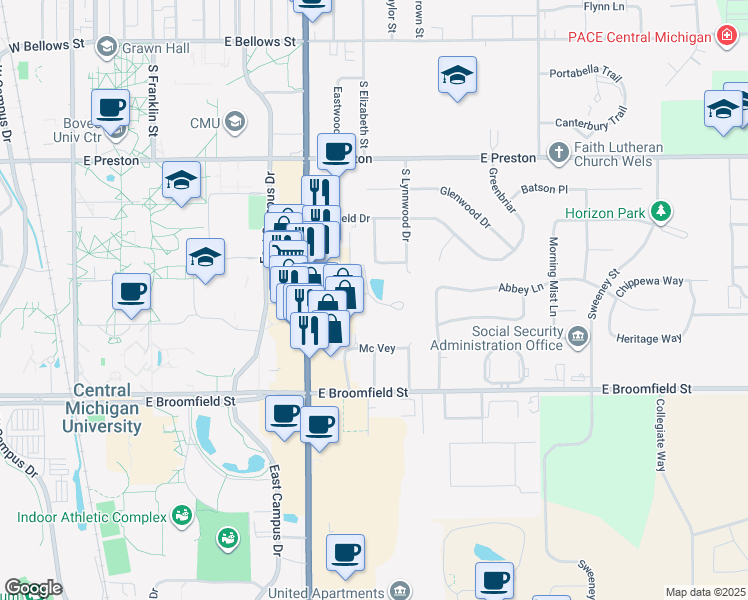 map of restaurants, bars, coffee shops, grocery stores, and more near 1707 South Mission Street in Mount Pleasant