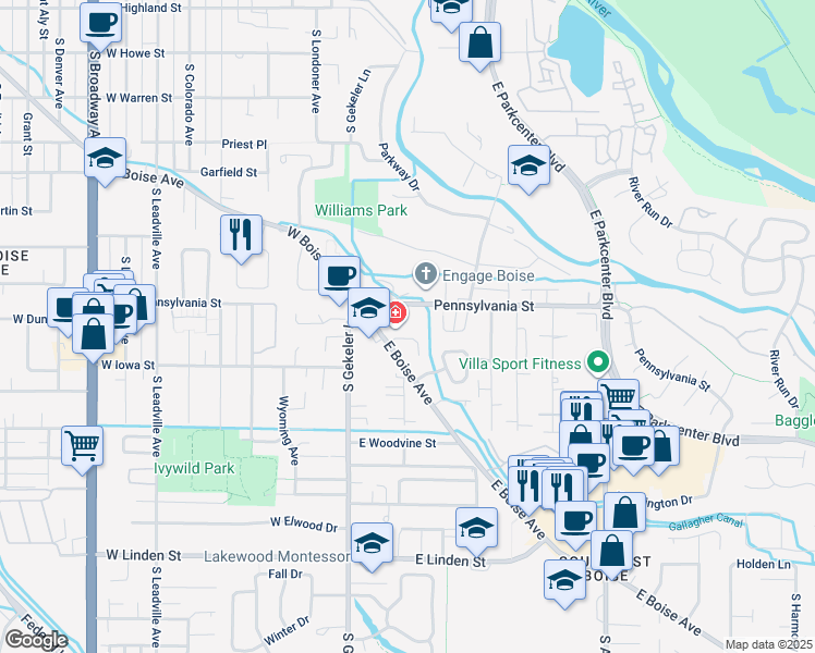 map of restaurants, bars, coffee shops, grocery stores, and more near 234 East Pennsylvania Street in Boise
