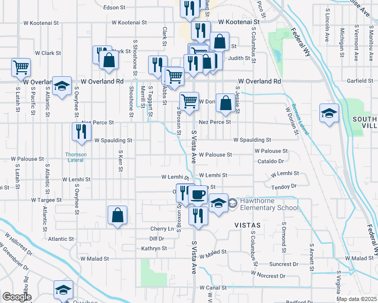 map of restaurants, bars, coffee shops, grocery stores, and more near 1985 South Vista Avenue in Boise