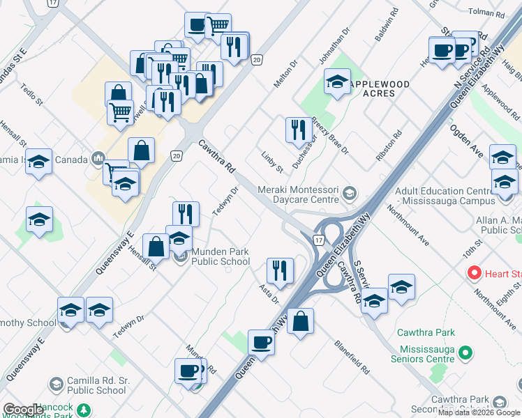 map of restaurants, bars, coffee shops, grocery stores, and more near 676 Abana Road in Mississauga