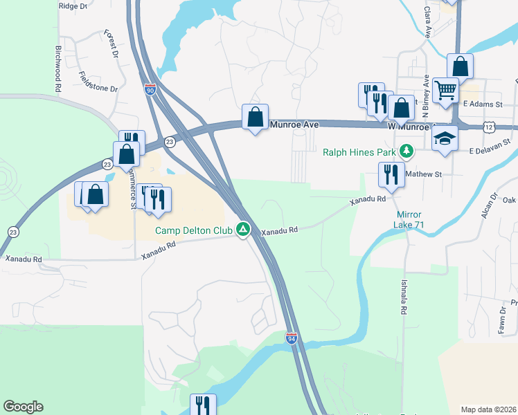 map of restaurants, bars, coffee shops, grocery stores, and more near Interstate 94 in Wisconsin Dells