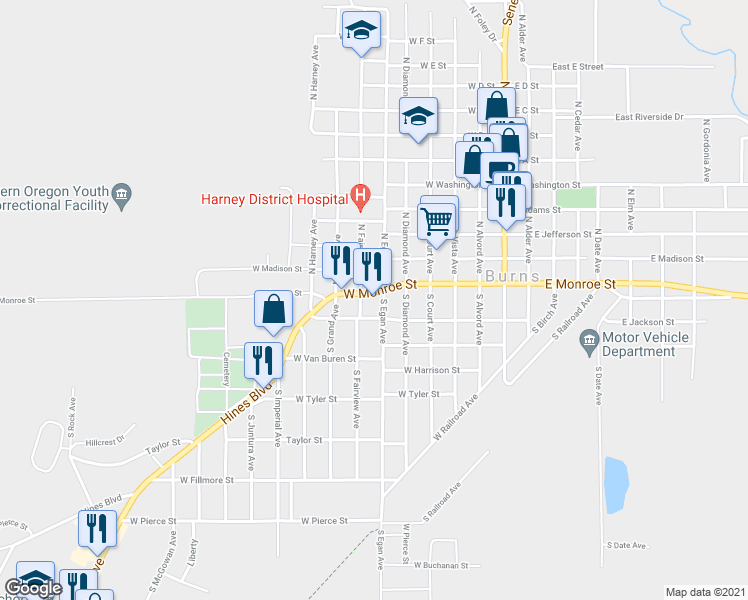 map of restaurants, bars, coffee shops, grocery stores, and more near 543 West Monroe Street in Burns