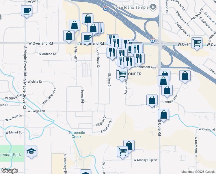 map of restaurants, bars, coffee shops, grocery stores, and more near 1943 South Ash Park Lane in Boise
