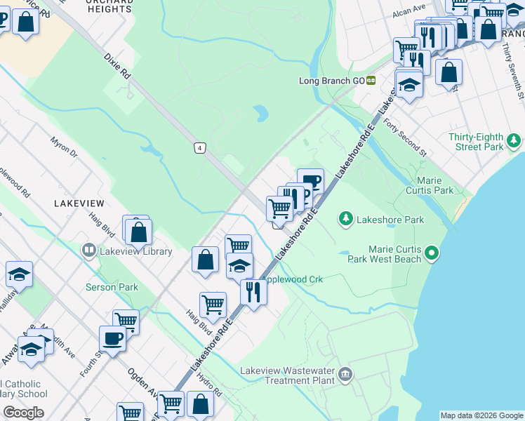 map of restaurants, bars, coffee shops, grocery stores, and more near 1076 Dixie Road in Mississauga