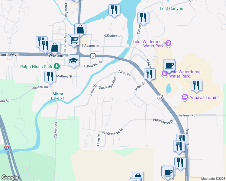 map of restaurants, bars, coffee shops, grocery stores, and more near 192 Oak Ridge Pass in Baraboo