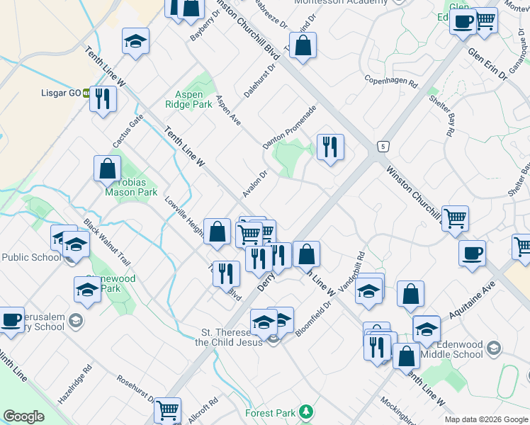 map of restaurants, bars, coffee shops, grocery stores, and more near 3254 Cambourne Crescent in Mississauga
