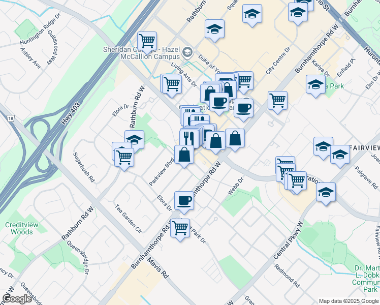 map of restaurants, bars, coffee shops, grocery stores, and more near 4070 Parkside Village Drive in Mississauga