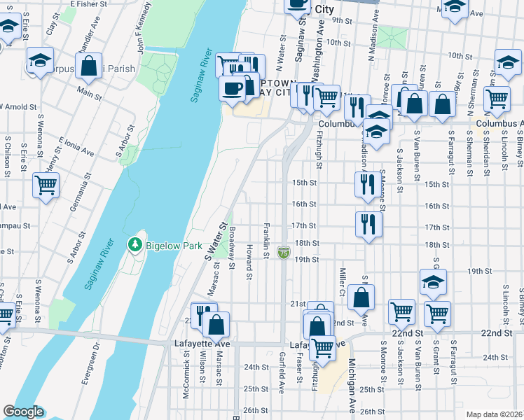 map of restaurants, bars, coffee shops, grocery stores, and more near 404 Franklin Street in Bay City