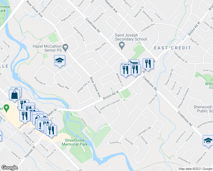 map of restaurants, bars, coffee shops, grocery stores, and more near 1626 Wintergrove Gardens in Mississauga