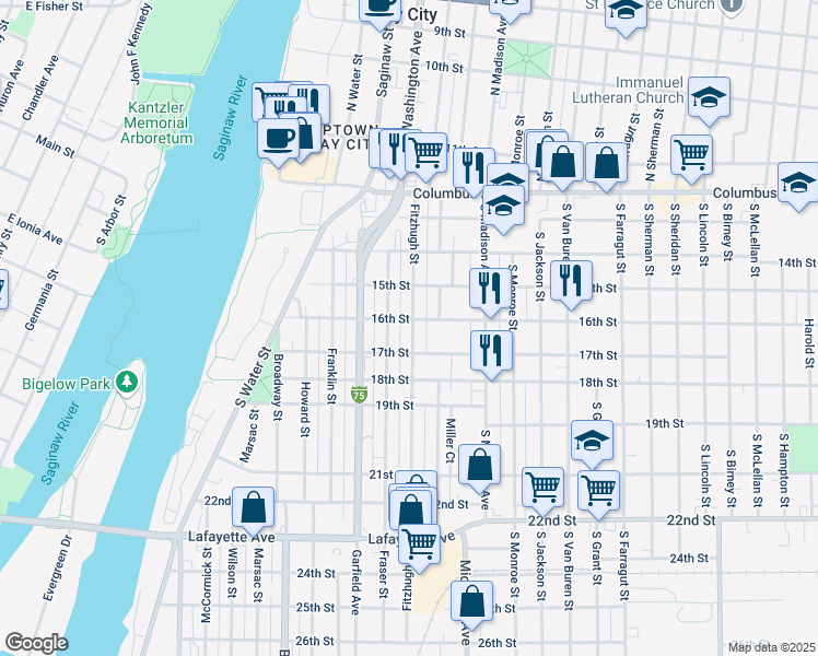 map of restaurants, bars, coffee shops, grocery stores, and more near 514 Fitzhugh Street in Bay City