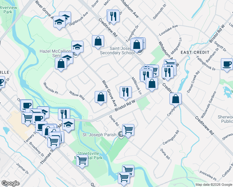 map of restaurants, bars, coffee shops, grocery stores, and more near 1667 Summergrove Crescent in Mississauga