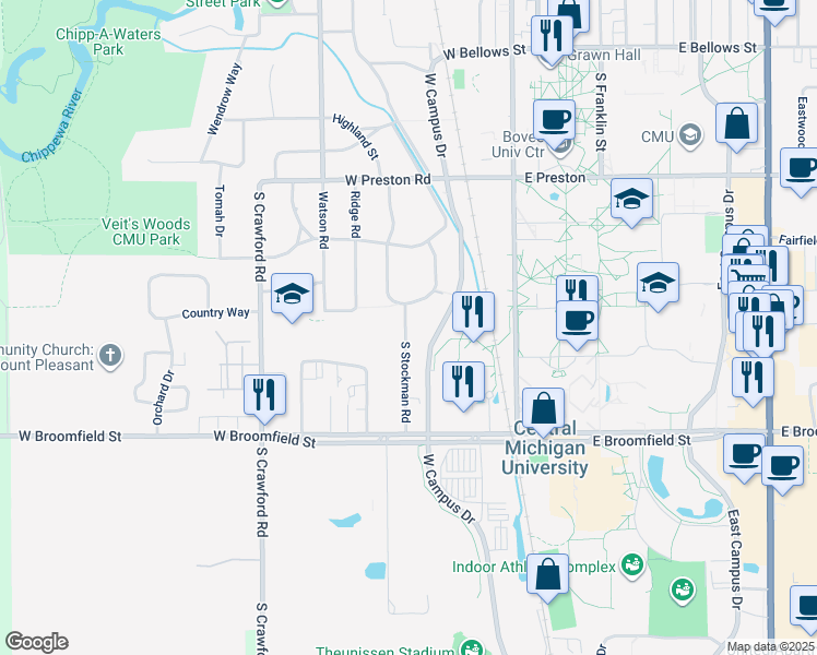 map of restaurants, bars, coffee shops, grocery stores, and more near 5100 North Eagle Crest in Mount Pleasant