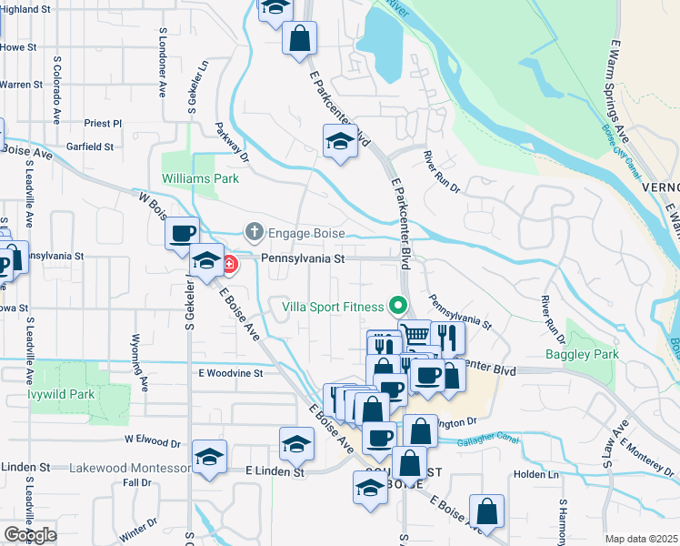 map of restaurants, bars, coffee shops, grocery stores, and more near 2108 South Amy Avenue in Boise