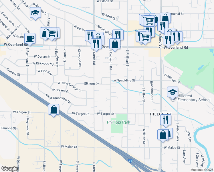 map of restaurants, bars, coffee shops, grocery stores, and more near 5603 Elkhorn Drive in Boise