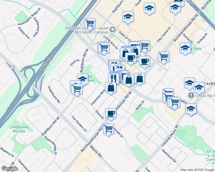 map of restaurants, bars, coffee shops, grocery stores, and more near 4070 Parkside Village Drive in Mississauga