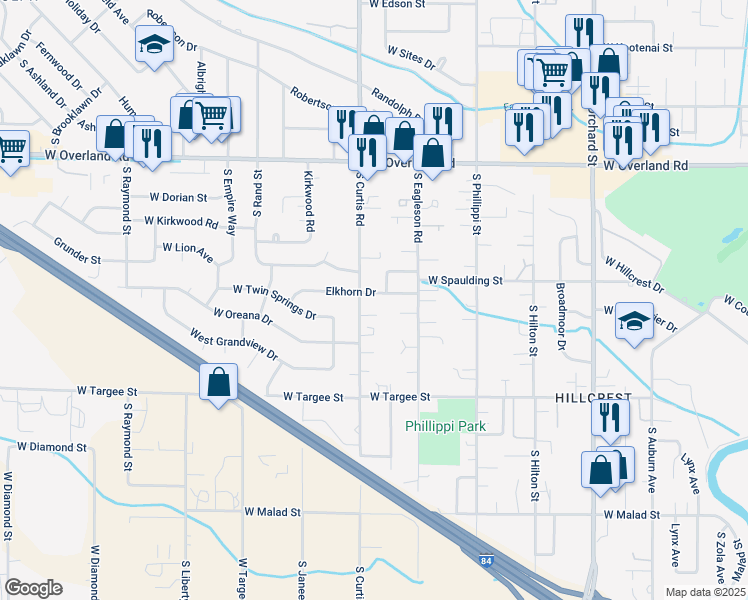 map of restaurants, bars, coffee shops, grocery stores, and more near 5723 Elkhorn Drive in Boise