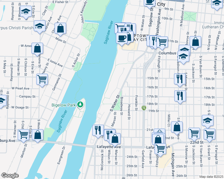 map of restaurants, bars, coffee shops, grocery stores, and more near 512 Breaker Cove Drive in Bay City