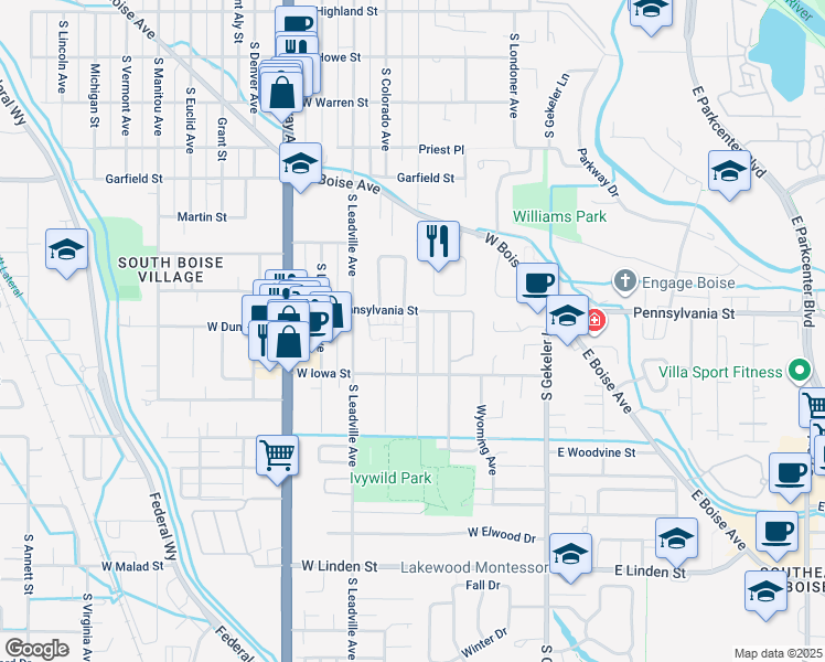 map of restaurants, bars, coffee shops, grocery stores, and more near 2123 Division Avenue in Boise