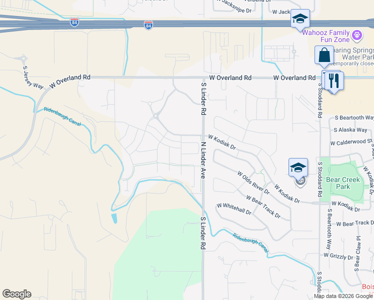 map of restaurants, bars, coffee shops, grocery stores, and more near 1714 West Wood Chip Street in Meridian