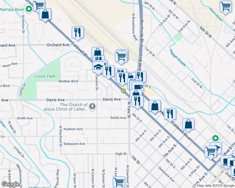 map of restaurants, bars, coffee shops, grocery stores, and more near 106 Davis Avenue in Nampa