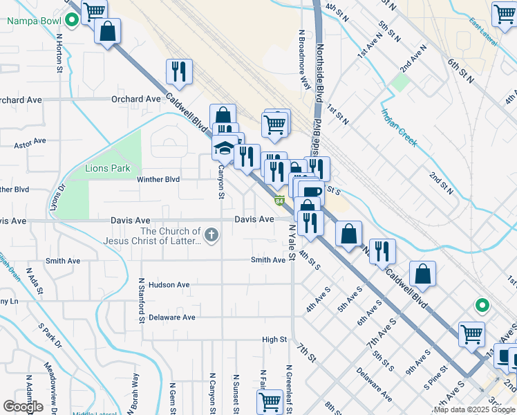 map of restaurants, bars, coffee shops, grocery stores, and more near 106 Davis Avenue in Nampa