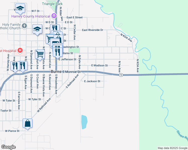 map of restaurants, bars, coffee shops, grocery stores, and more near 605 East Crane Boulevard in Burns