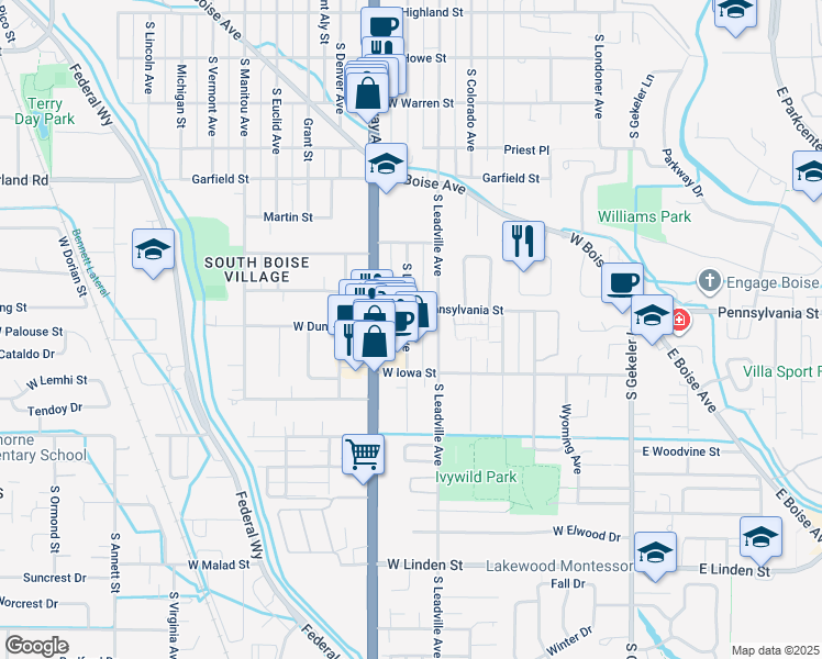 map of restaurants, bars, coffee shops, grocery stores, and more near 2117 South Leadville Avenue in Boise