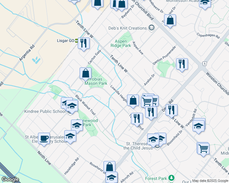 map of restaurants, bars, coffee shops, grocery stores, and more near 7182 Lowville Heights in Mississauga