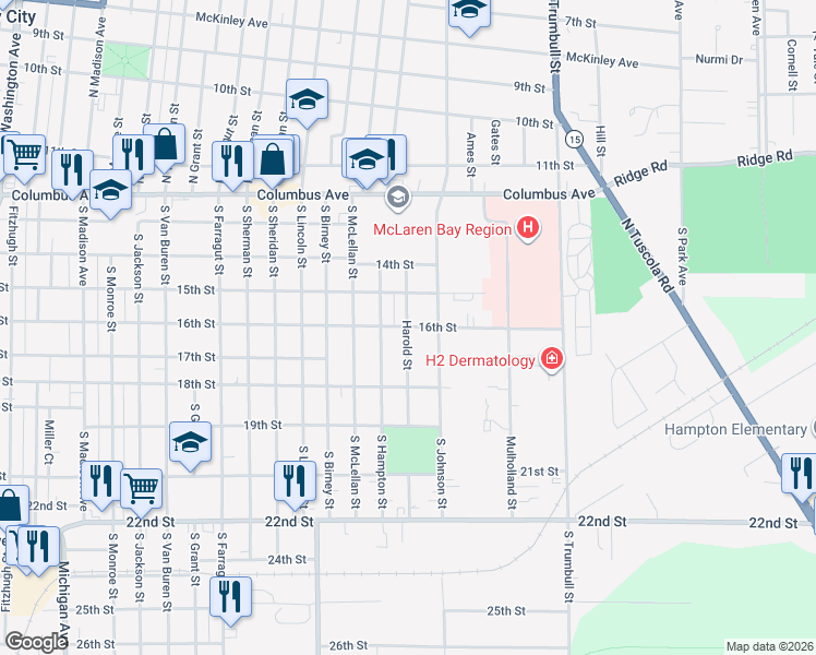 map of restaurants, bars, coffee shops, grocery stores, and more near 501 Harold Street in Bay City