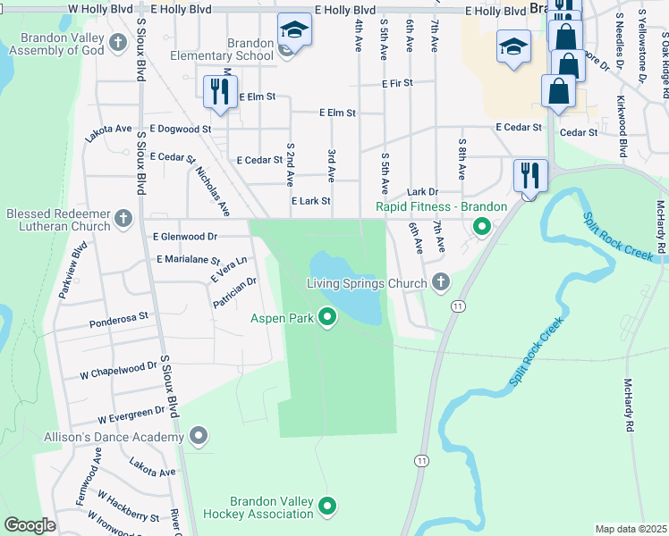 map of restaurants, bars, coffee shops, grocery stores, and more near 605 East Aspen Boulevard in Brandon