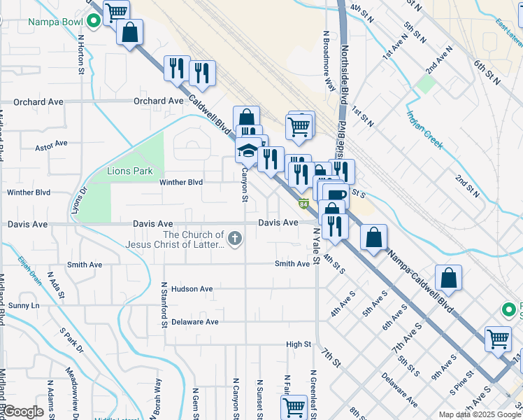 map of restaurants, bars, coffee shops, grocery stores, and more near 171 North Stinson Street in Nampa